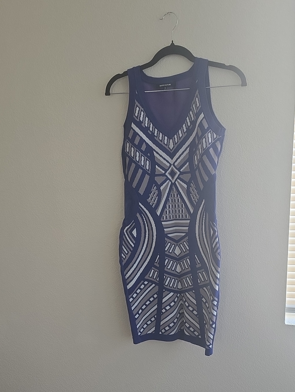 WOW couture Blue and White Geometric Bodycon Mini Dress